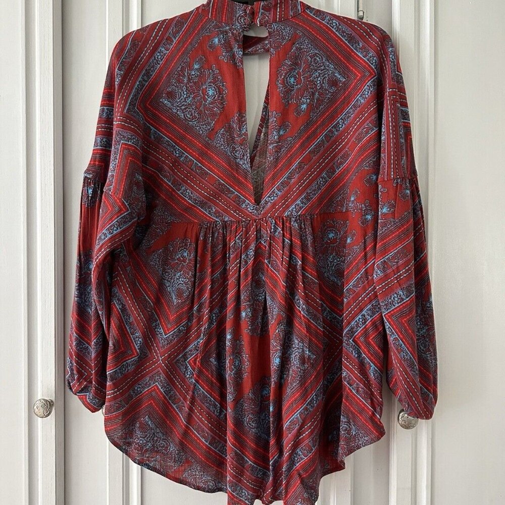 Free People Walking On A Dream Tunic Top Red Blue Boho Bandana XS NWOT